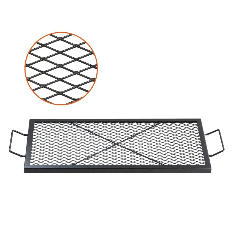 

Black X Marks Fire Pit Grill Grate Rectangle Heavy Duty Steel Campfire BBQ Grid With Handle X Wire Portable Camping Cookware