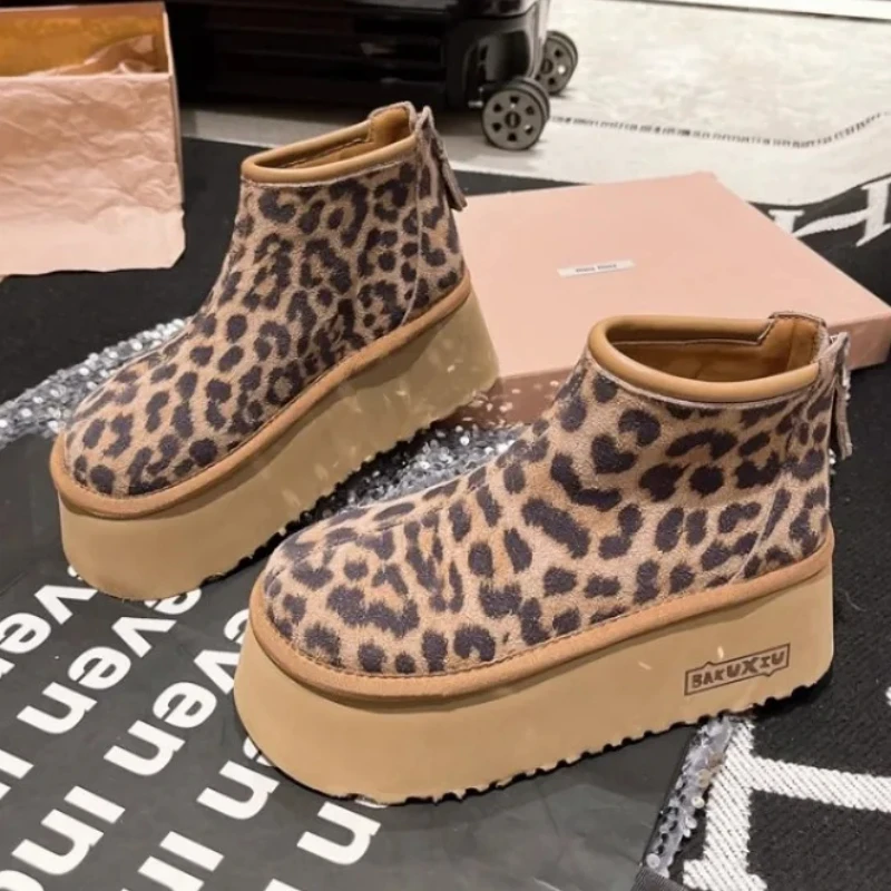 Women Zipper Leopard Platform Fashion Designer Ankle Boots Women Flats Casual Plush 2024 Trend Warm Winter Boots Shoes for Women