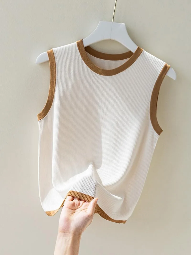 

Ice Silk Camisole Women Classic Simple Contrast Color Edge Fashion Sleeveless Knit Vest Tank Top Elastic Slim Fit Sexy Girls Y2K