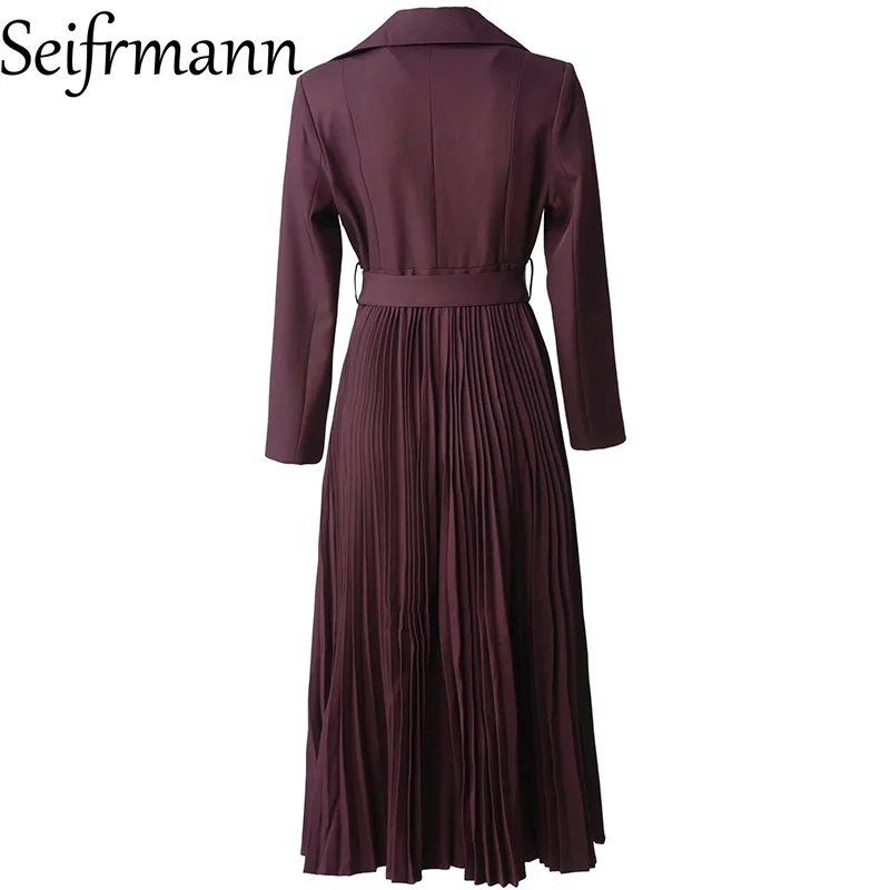 Seifrmann Solid Color Pleated Trench Coat Lapel Long Sleeve Lace Up Waist Trench Coat 2026 Autumn Fashion Women's New Style