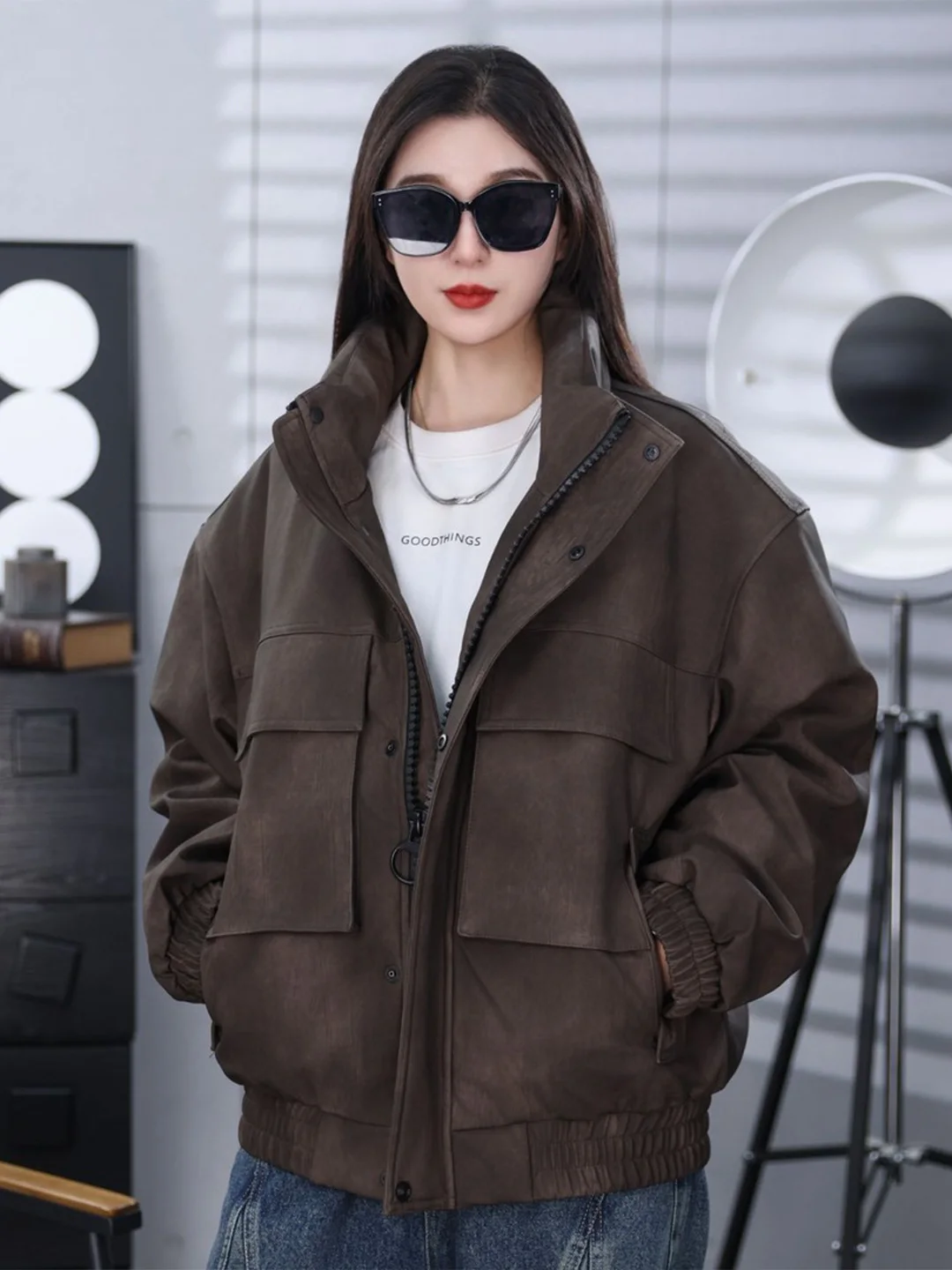 

Мужская зимняя утепленная куртка из искусственной кожи American Sle Heavyweight PU Leather Warmth Down Jacket для активного отдыха, мотоциклетная, свободного кроя, большого размера, рабочая одежда