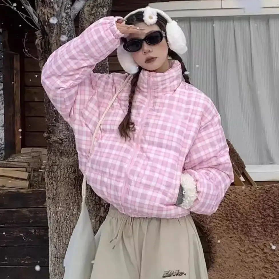 Sweet and girlish pink plaid bread jacket, women's winter new short warm down cotton jacket  coat women  winter clothes