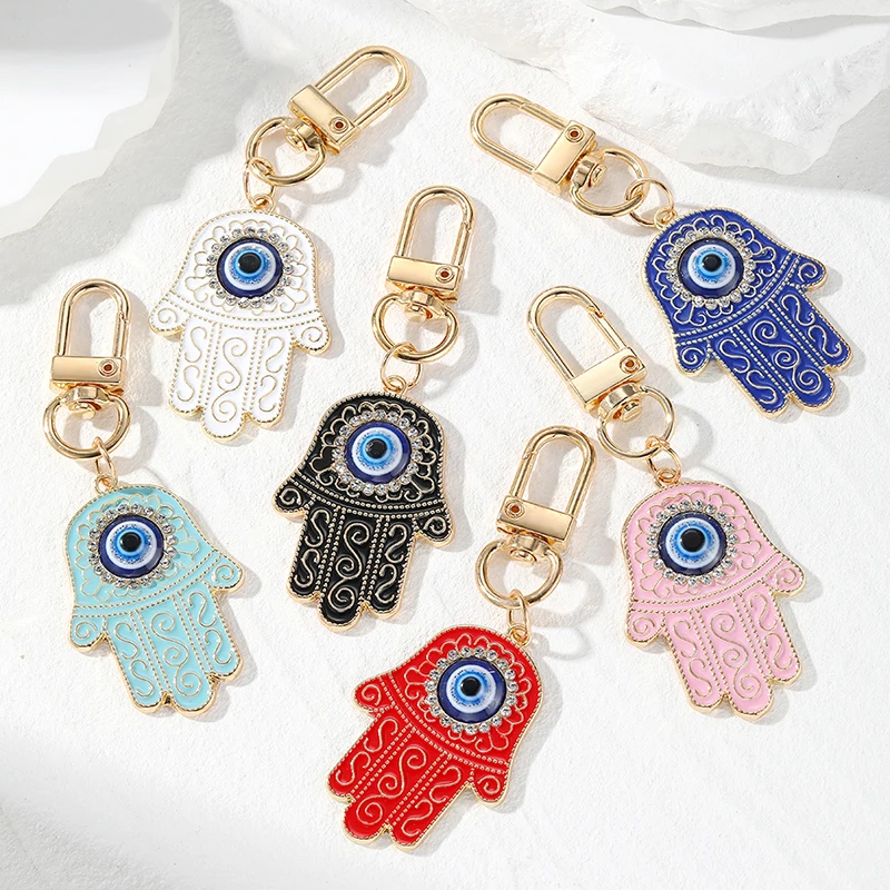 Enamel Flower Evil Eye Fatima Hand Keychain Women Men Zircon Retro Blue Eye Hamsa Hand Bag Airpods Box Car Key Ring Accessories