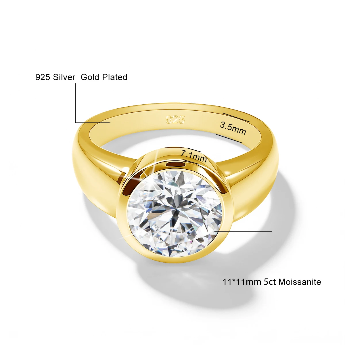 18K vergoldeter Ring mit 5 Karat runden Moissaniten im Fassungsschliff, 925 Sterling Silber, Hochzeits- und Verlobungsschmuck, Geschenk für Frauen und Männer – Detail 1