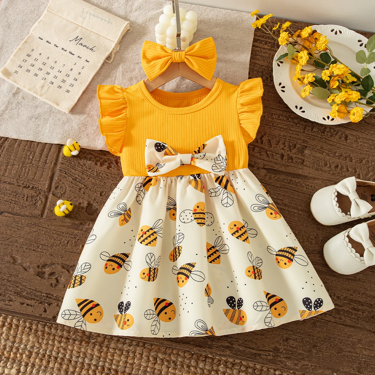 Baby Girl Dress Summer Cotton Bow Cartoon Animal Fly Sleeve Girls Dresses Cute Casual Beach Baby Girl Clothing