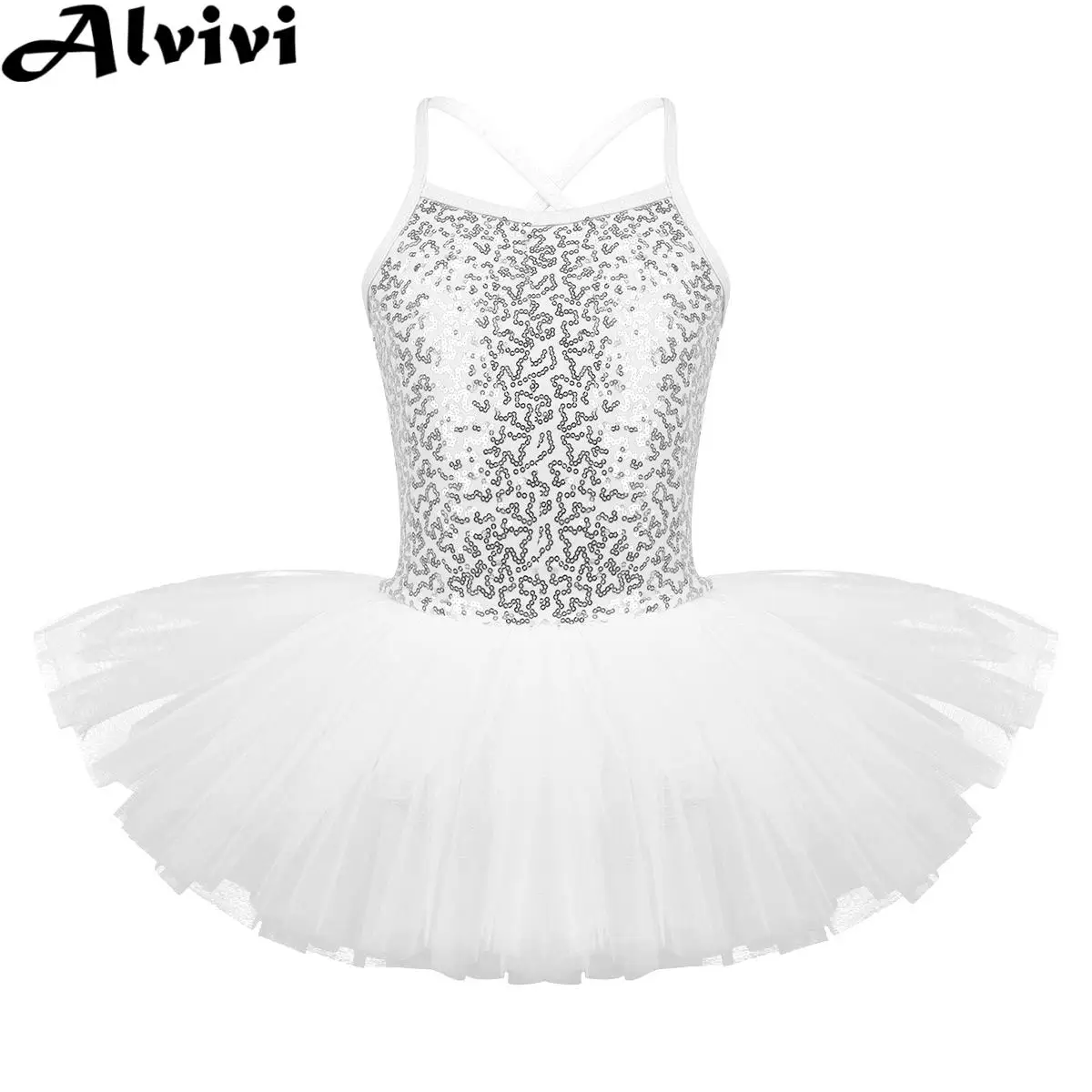 Children Girls Ballet Dance Dress Sleeveless Sequin Mesh Leotard Tutu Ballerina Dancewear for Gymnastics Skating Lyrical Dancing