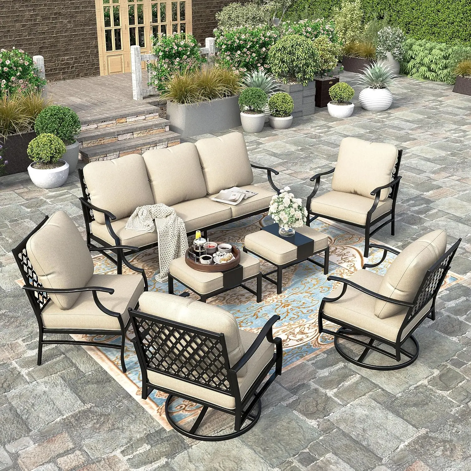 

HERA'S HOUSE 7-piece courtyard furniture set, 2 swivel chairs, 2 fixed chairs, 2 Ottoman chairs, 1 3-seater sofa