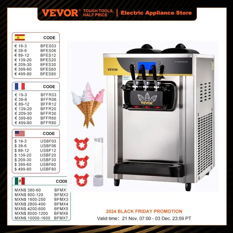 VEVOR Commercial Ice Cream Maker 22-30L/H Yield 2200W Countertop Soft Serve Machine Frozen Yogurt Maker for Restaurant Snack Bar