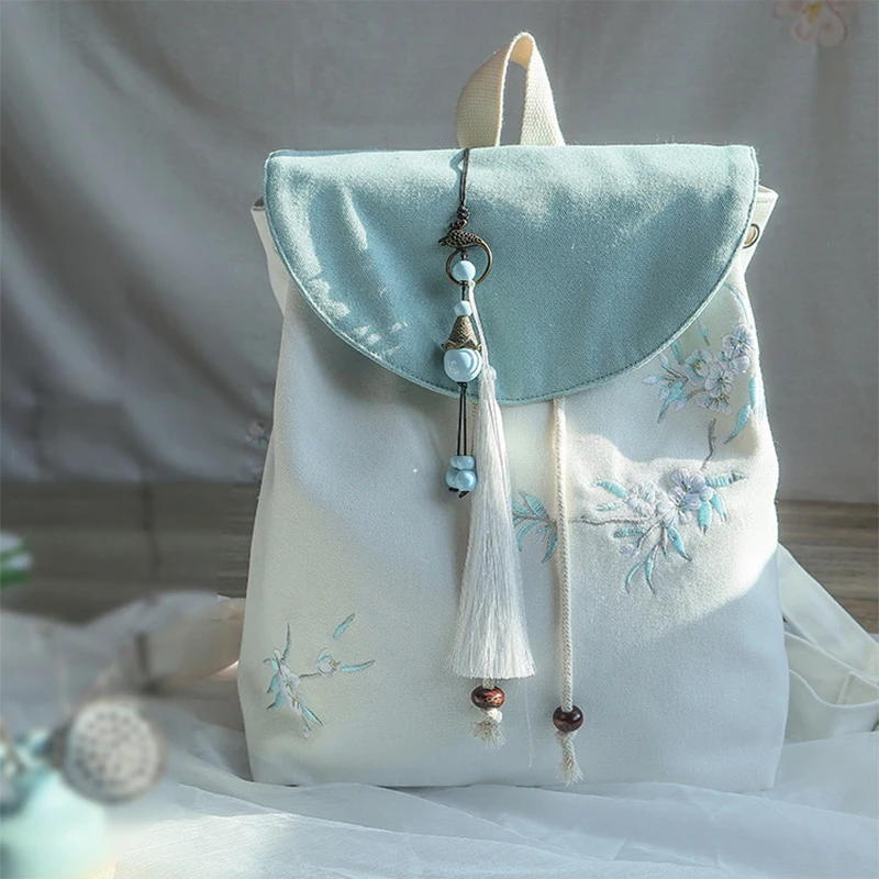 2023 Women's Retro Canvas Embroidered Flower Backpack Tassel Drawstring Shoulders Bag Casual Bundle Girls Hanfu Bags - Image 5
