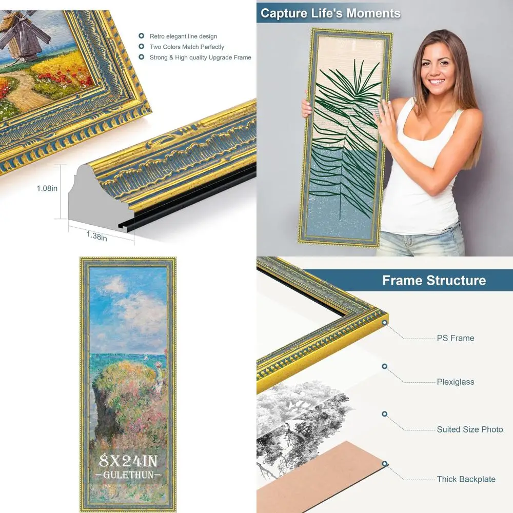 

Элегантная золотая винтажная фоторамка 8x24 - настенные рамки для галерейного оформления дома, прочное плексигласовое стекло с рельефным декором