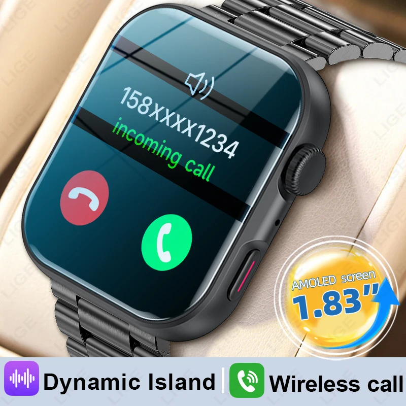 

LIGE 1.83" HD Full Touch Screen AMOLED Smart Watch Men Bluetooth Call Health Monitor Sports Waterproof Smartwatch Women For Gift