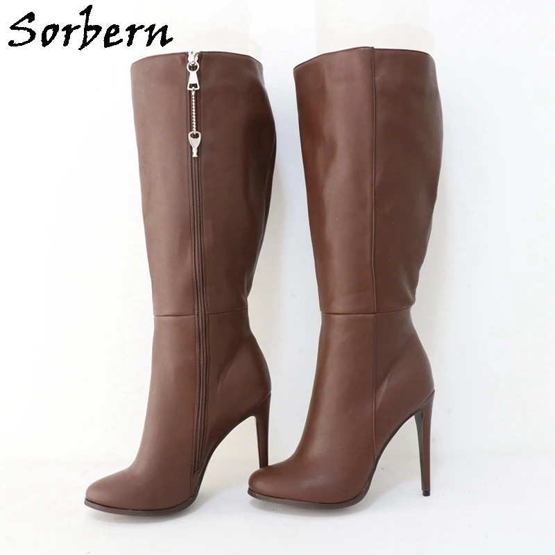 Sorbern Custom Knee High Boots Women Lockable Zipper Winter Unisex Style Cute Round Toe Stilettos High Heel Big Size Eu33-48