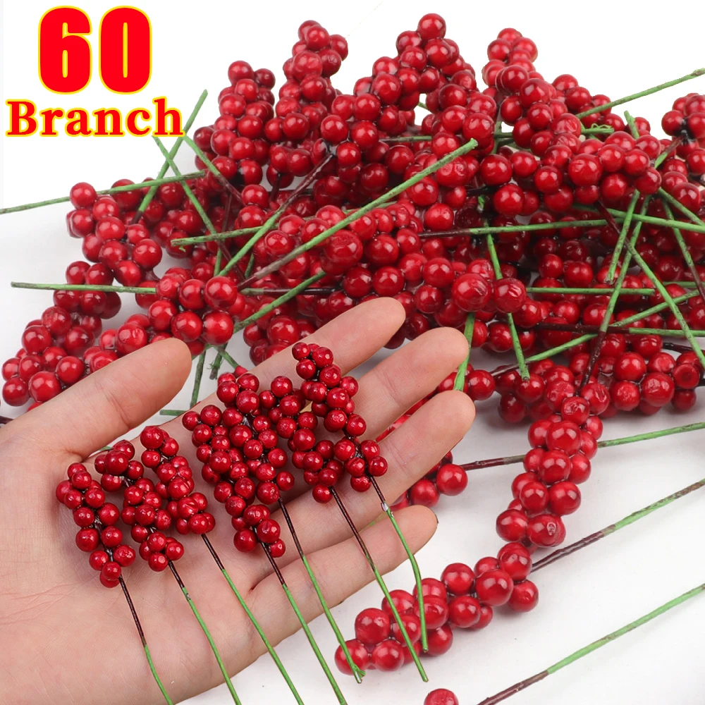 60/1Pcs Christmas Red Berries Branches Simulation Foam Holly Berry Stems Flowers DIY Garland Xmas Tree Navidad Party Decorations