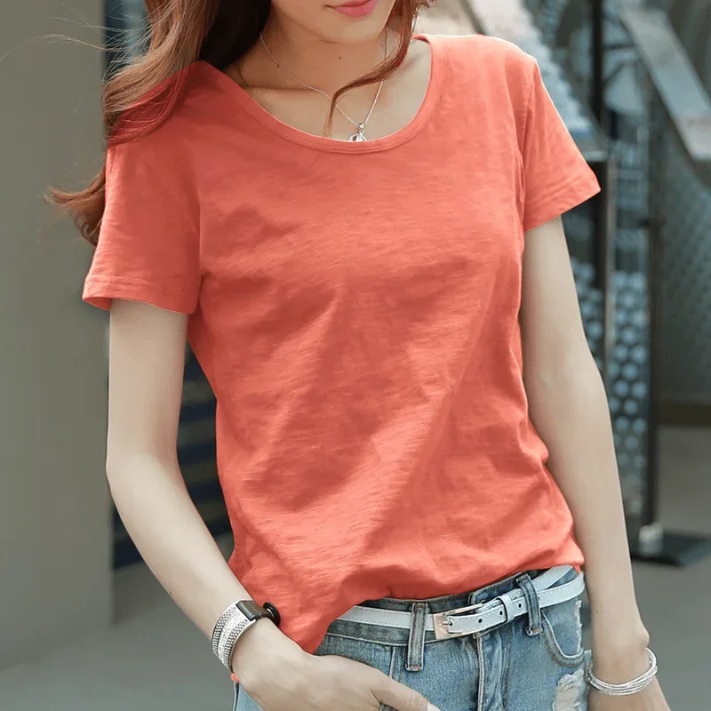 T-shirt Short Sleeved Summer New Pure Cotton Loose Shoulder Lotus Pink Top Solid Color T-shirt