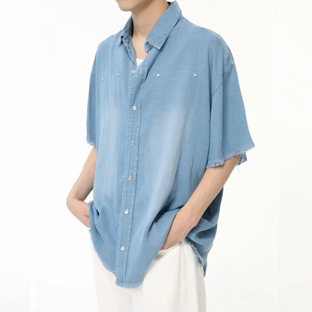 SYUHGFA Men's Wear 2024 Summer Washed Plush Edge Turn Down Collar Short Sleeve Shirt Korean High Street Single Breasted Shirt