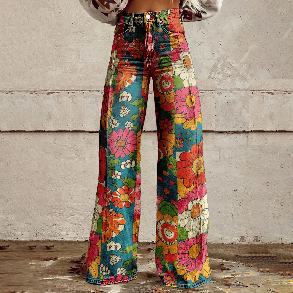 Neue Retro-bedruckte Hose, weite Beine, aztekischer Leopardenmuster, böhmische Streetwear, locker, Partyhose, große Taille