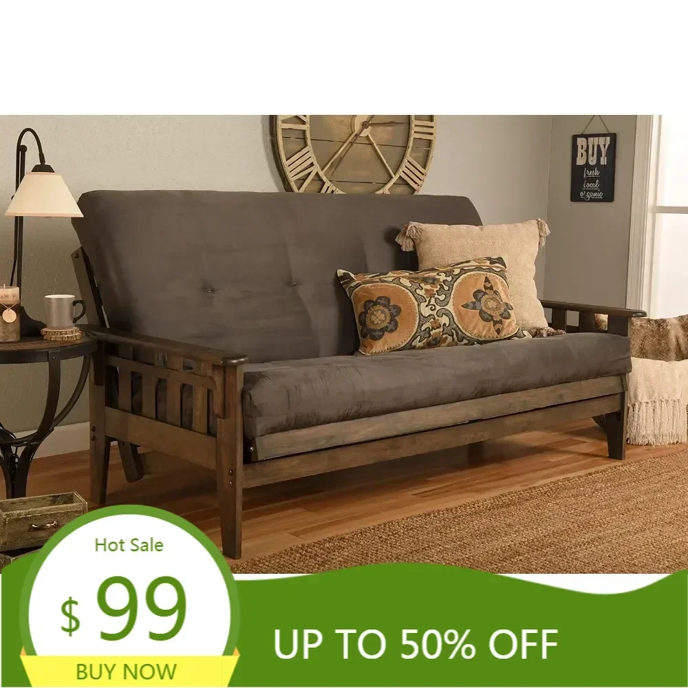 

Диван-кровать-футон в деревенском стиле из орехового дерева с матрасом с внутренней пружиной 8 дюймов, полноразмерным и дополнительными ящиками (серая микрофибра)