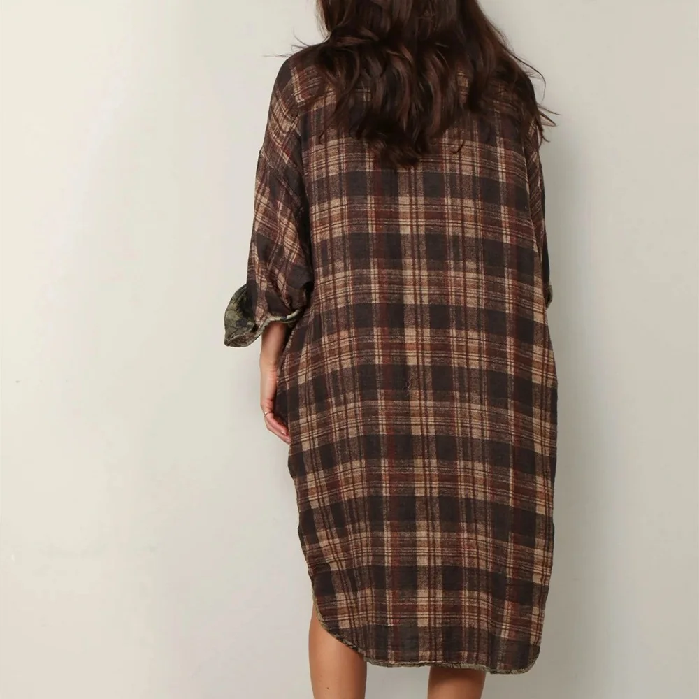 Sukienka koszulowa damska na jesień 2025, czysta bawełna, luźny krój w kratę, codzienna sukienka damska, odzież y2k, nowa moda, wysoka jakość, uniwersalna spódnica.