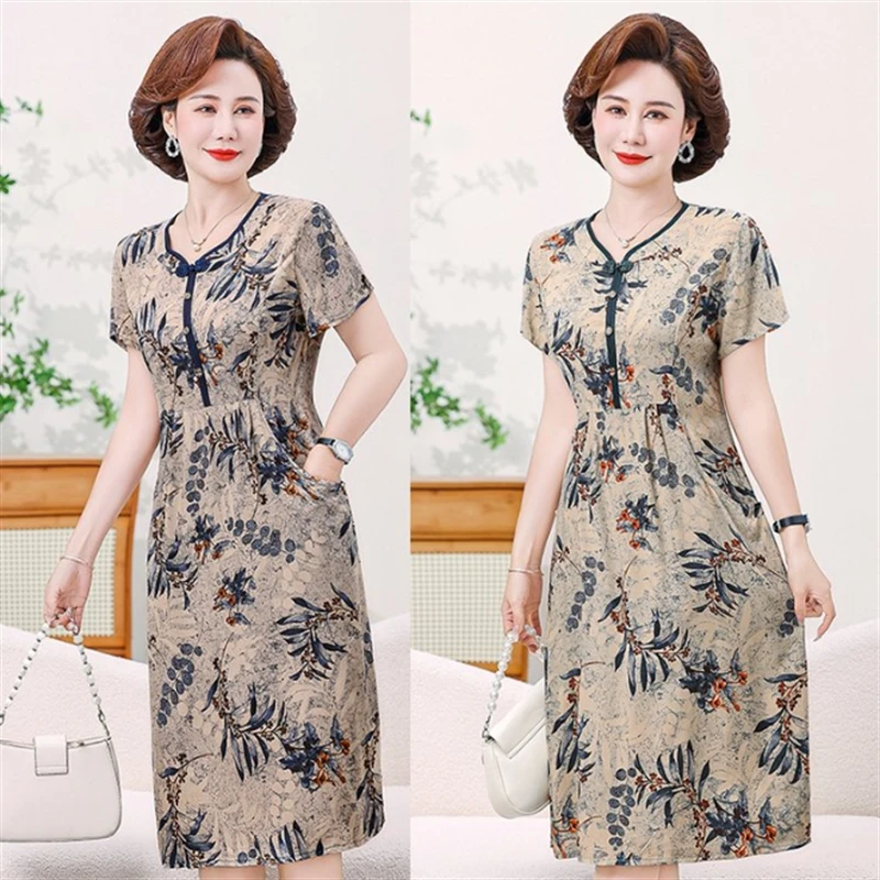 Fashion Casual Summer Dress For Women Floral Printing Short Sleeve Elegant Vintage O-Neck Dresses Women Clothing