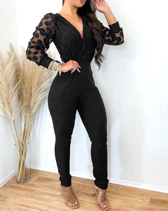 

Top Women Tight Fitting Jumpsuit Summer Mesh Polka Dot Perspective Long Sleeved Patchwork V-Neck Waistband Small Leg Jumpsuit