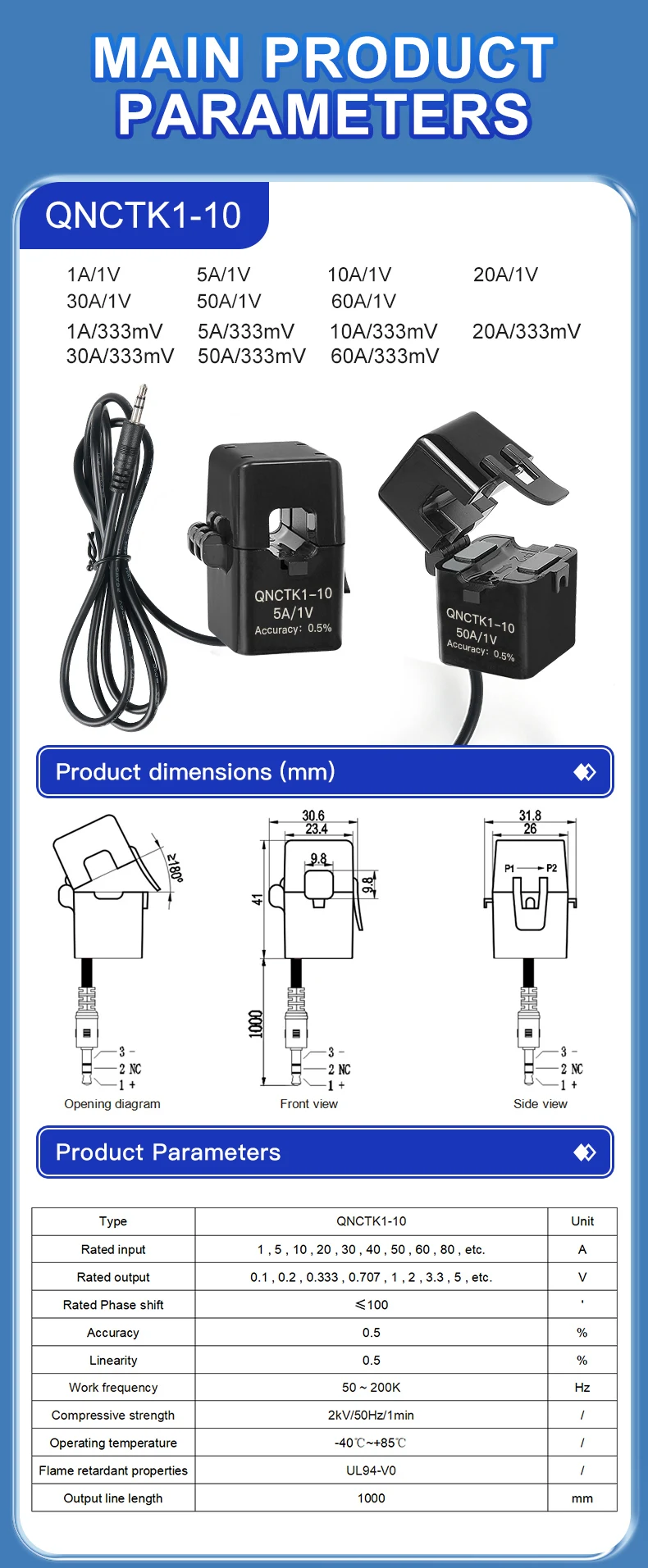 Split-Core-Stromwandler QNCTK1-16 100A 1V 50A 333mV 30A 0.333V 60A 80A Offener Stromwandler 100A 50mA – Detail 1