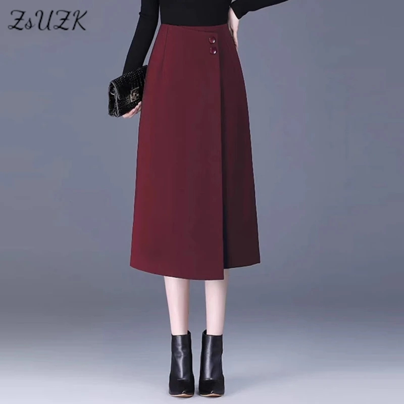 Vrouwen Elegante Soild Pak Rok Herfst Winter Hoge Taille Mode Wrap Hippe Rok Kantoor Dame Rok Angola Rood 4 Kleuren