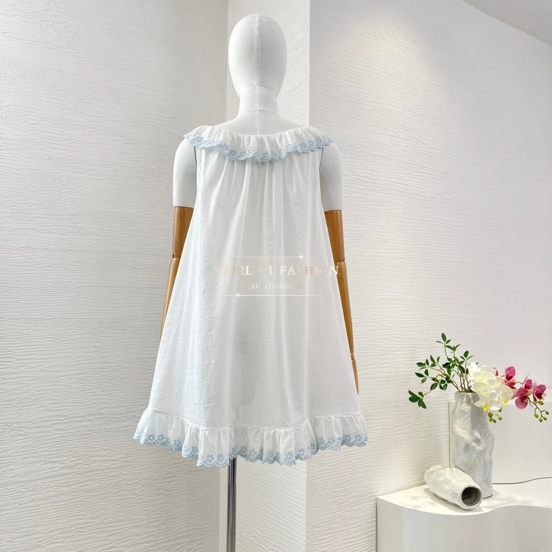 2025 New White Embroidery Sleeveless Ruffles Frilled Mini Dress