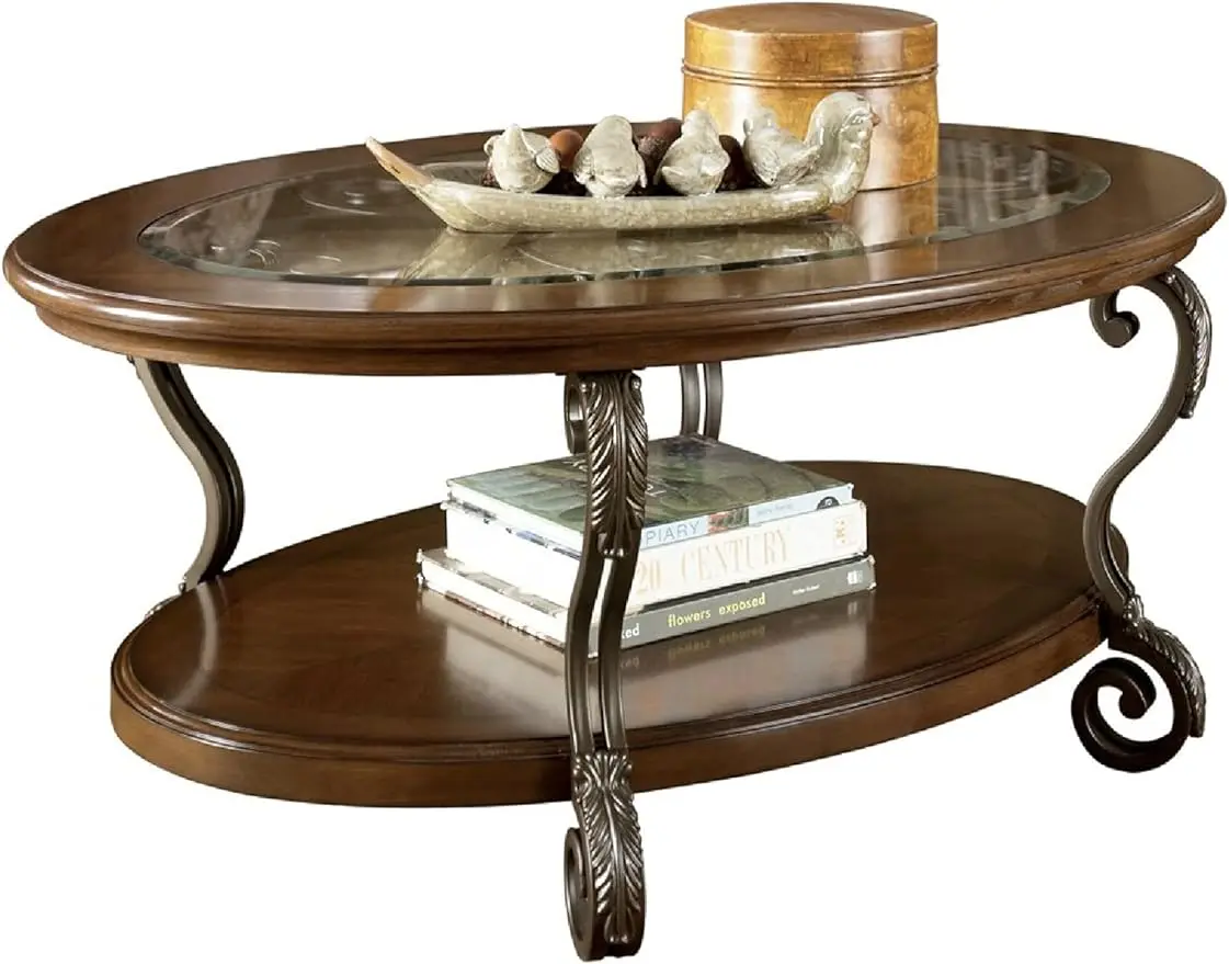 

Rectangular Transitional Wooden Oval Cocktail Table with Glass Top and Open Bottom Shelf,Metal Legs with Carvings,Brown