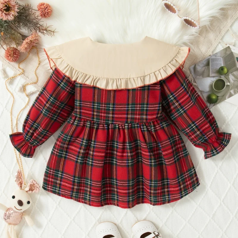 Spring and Autumn New Baby Girls Long Sleeve Dress Academy Style Checkered Children\'s Clothing+Rabbit Bag (9 Months-3 Years Old)