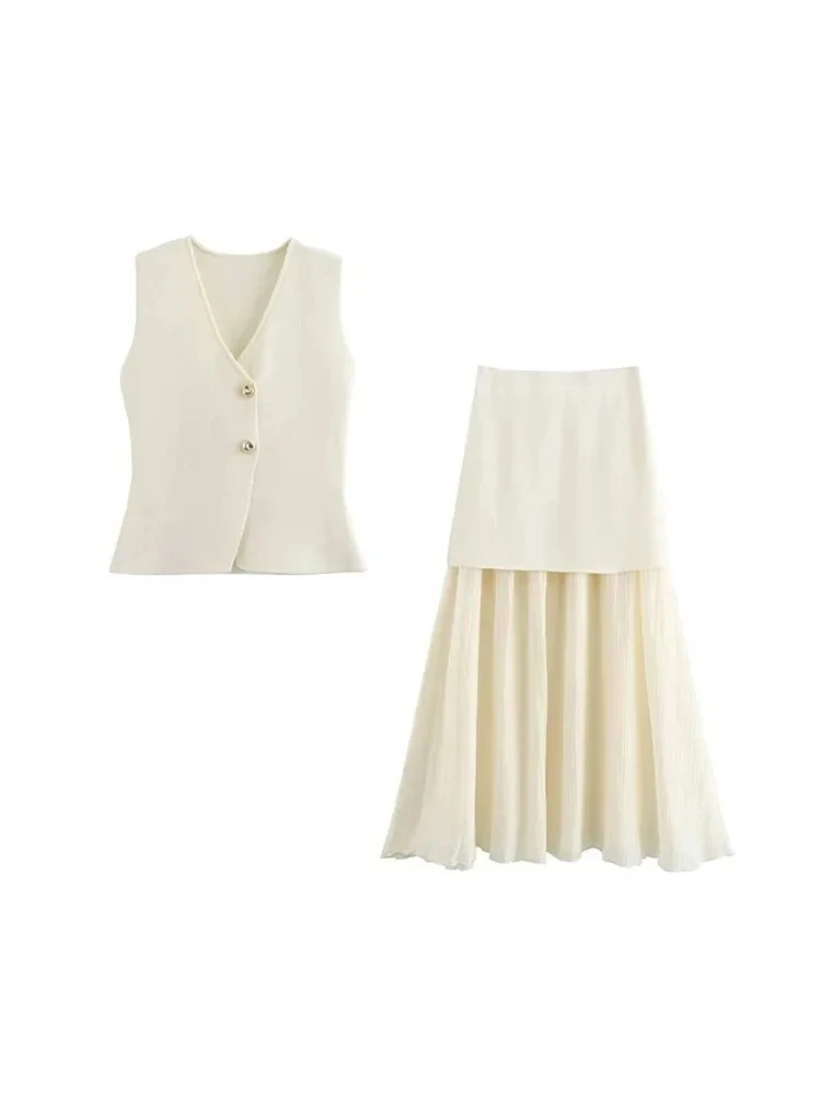 

Women's Urban Street Temperament Commuter Suit Single-breasted Knit Vest Top Patchwork Pleated Skirt Two-piece Set