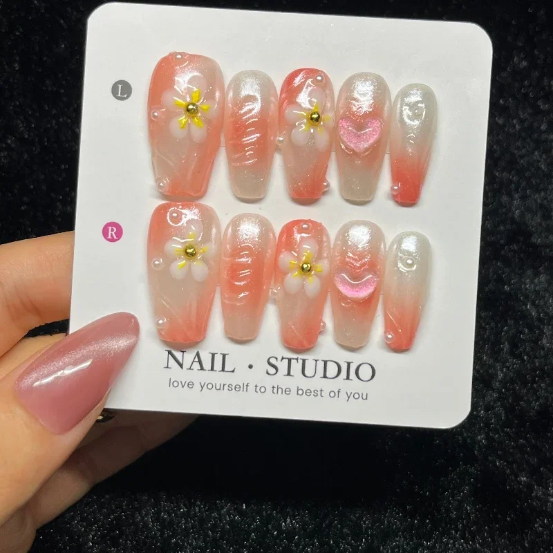 

10PCS Pink Blush French Fake Nails with Sweet Simple Flowers Shiny Heart Medium Coffin Handmade Press on Nails Detachable Nails