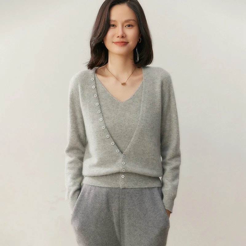 Otoño/Invierno, cárdigan de Cachemira de 100% para mujer, conjunto de dos piezas con tirantes, suéter de punto liso informal, Tops holgados con cuello en V, jersey cálido