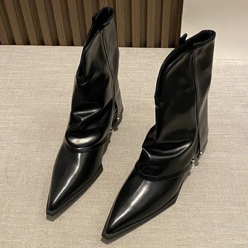 Solid Color Chelsea Boots For Women Mid Heel Pointed Toe Black Knight Boots Cool Female Shoes All-matching Designer Brand Shoes