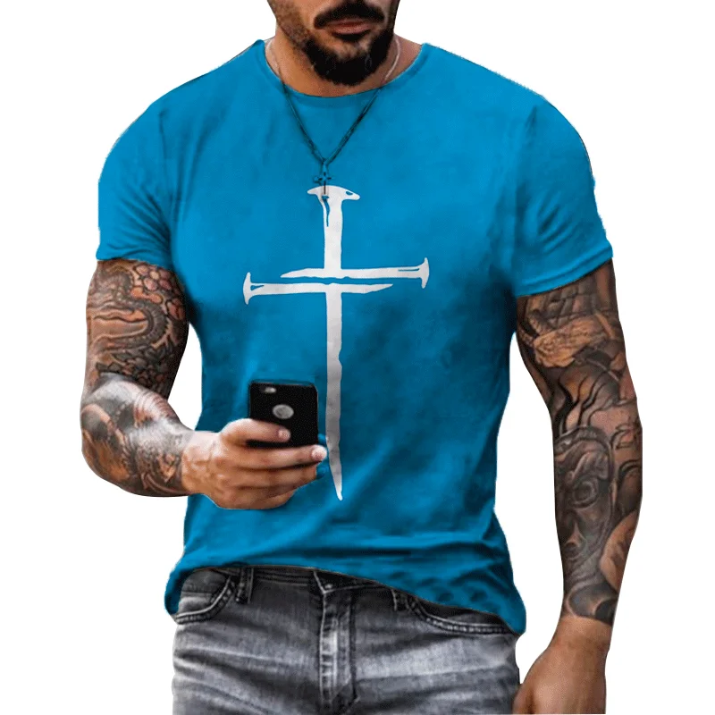 Summer Men\'s T-shirt Christ Jesus Men\'s T-shirt 3D Cross Print Short Sleeve Unisex Harajuku Cross Top Plus Size T-shirt Clothing