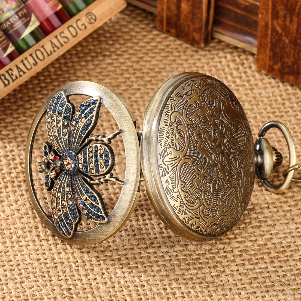 Vintage Charm Bee Bronze/Gold Quartz Pocket Watch Men Women Necklace Watch Antique Gifts Roman Numerals Analog Display Clock