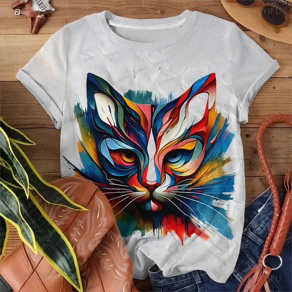 

3D Printed Girls Street Colorful Cat Art White Pattern Women's T-shirt Fashion Casual Loose Comfortable Short Sleeve Y2k Tops