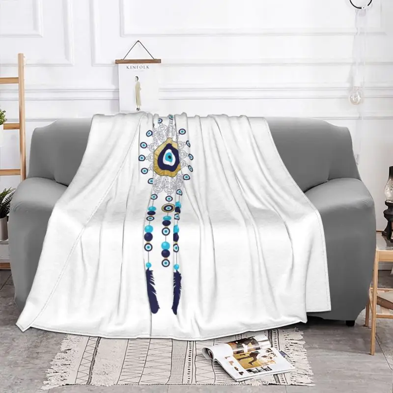 Boho Chic Evil Eye Mandala Dream Catcher Blankets Warm Flannel Hamsa Nazar Bohemian Throw Blanket for Home Sofa Office Travel