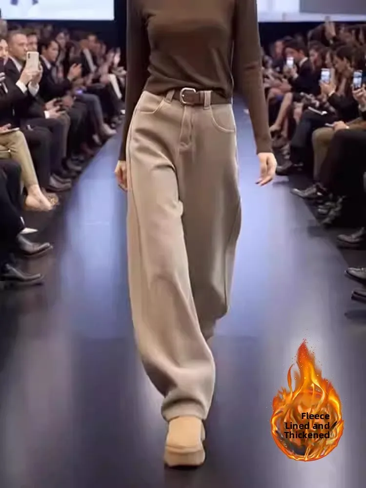 

Женские прямые джинсы с высокой талией на подкладке, свободные утягивающие джинсовые брюки цвета хаки, корейские джинсовые брюки для поездок на работу