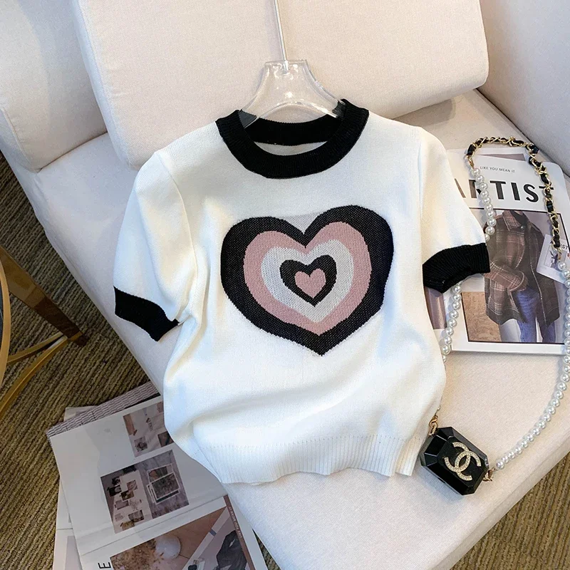 

Summer Ice silk Knit Sweater T-shirt Women Fashion Casual Sweet Love Heart Print Pullover Short Sleeve Loose Ladies Tops 2023