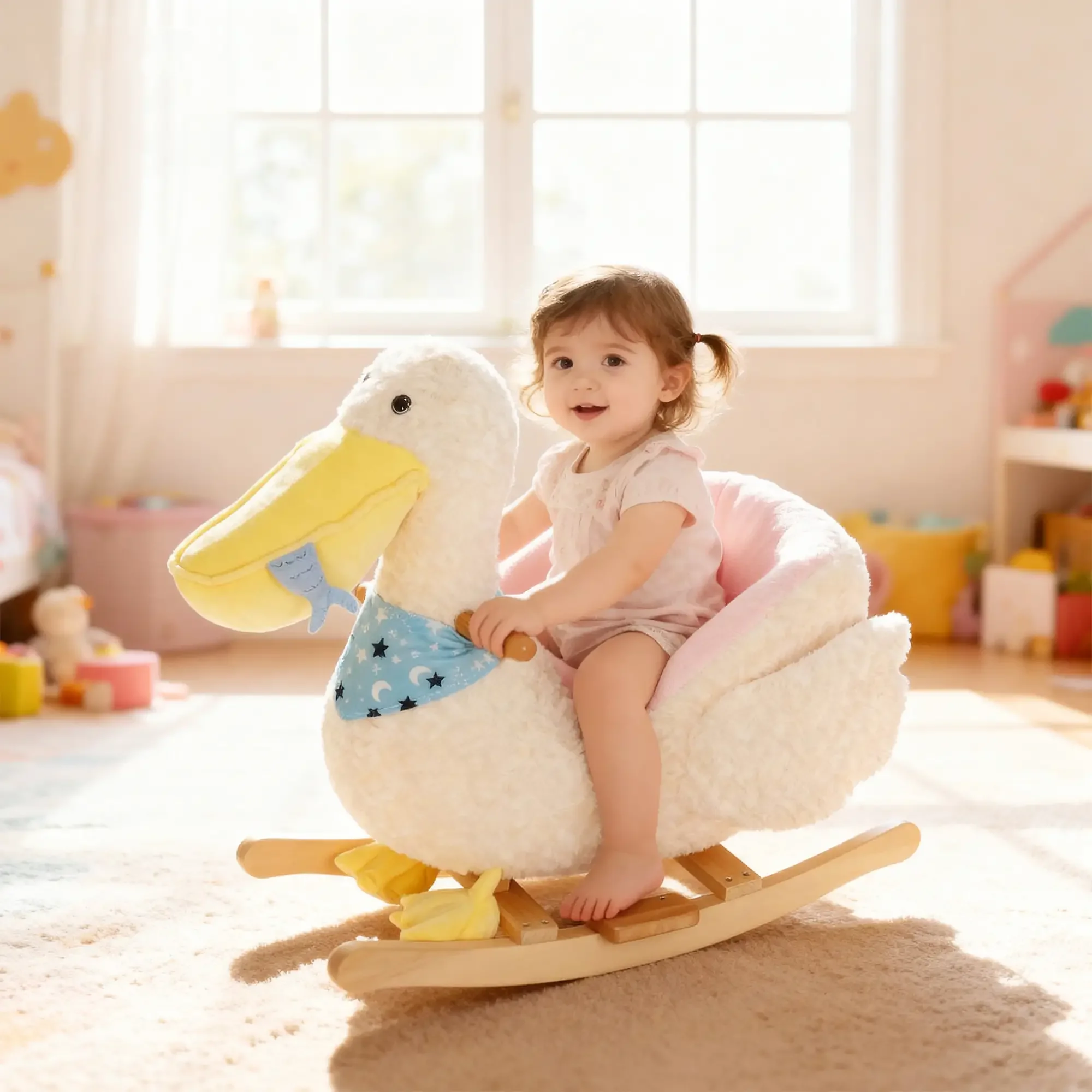 

Plush Rocking Horse for Toddlers - Charming Pelican Design with Lullaby, Safe 3-Point Harness, Comfortable Cushioning