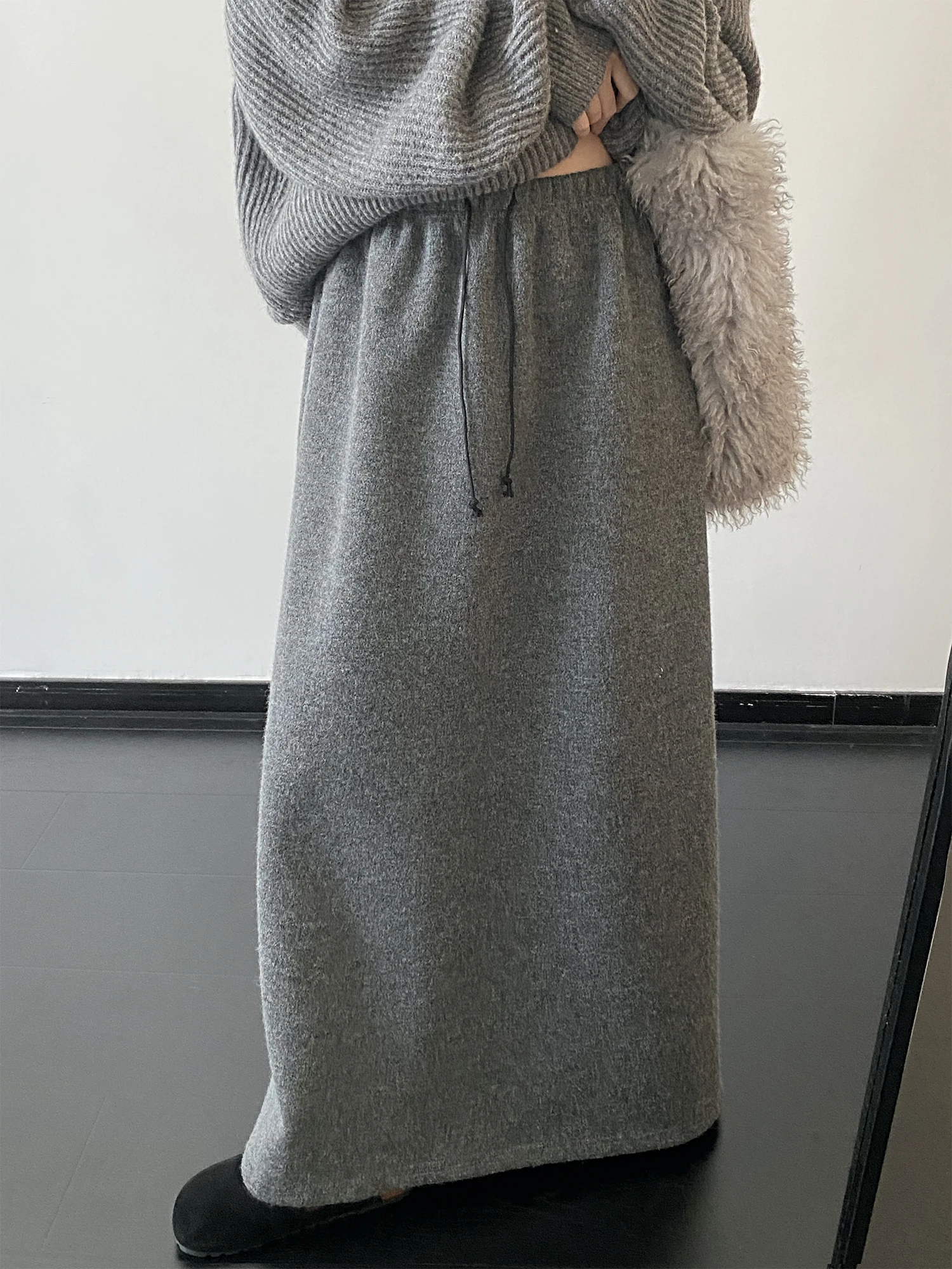 

SunYeo Casual Woolen Long Skirt Elastic Waist Loose Fit Floor Length Ba Slit Dstring f Body Skirt Ladies Faion