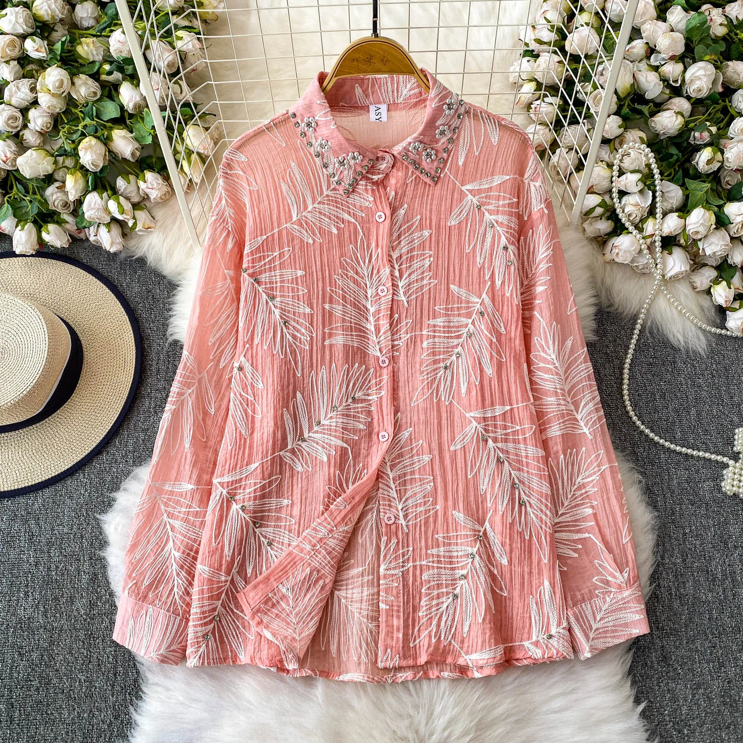 

French Heavy-duty Diamond-studded Beaded Lapel Long-sleeve Shirt Women 2025 Spring And Autumn Shirt Leaf Embroidery Loose Top