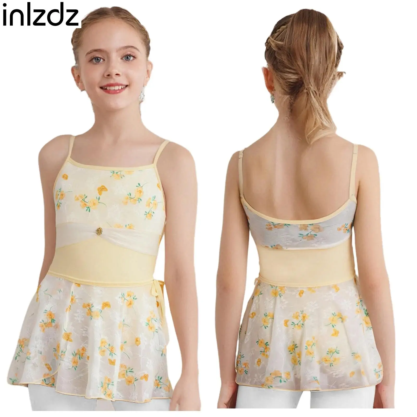 

New Girls Ballet Gymnastics Dance Costume Sleeveless Adjustable Spaghetti Straps Floral Printed Mesh Leotard with Lace-up Skirt