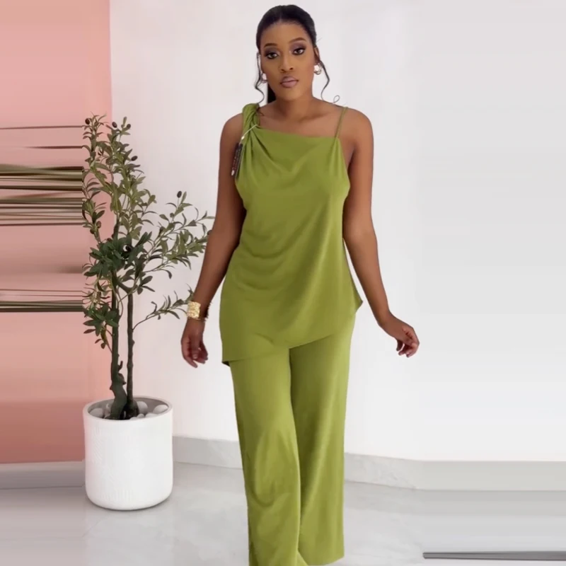 Hxao conjuntos de calças verdes femininas, duas peças, babados, assimétrico, top deslizante, roupa chique, cintura alta, drapeado, pernas largas