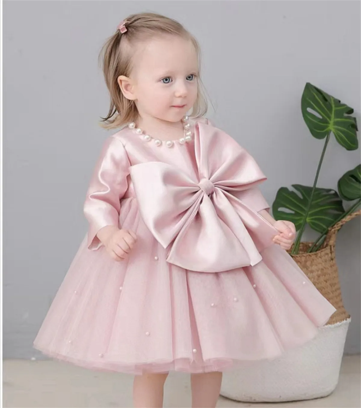 Vestidos de flores para niñas, hermoso vestido de baile de Puff rosa para boda, tul con cuentas, fiesta de cumpleaños, vestidos de primera comunión para niños