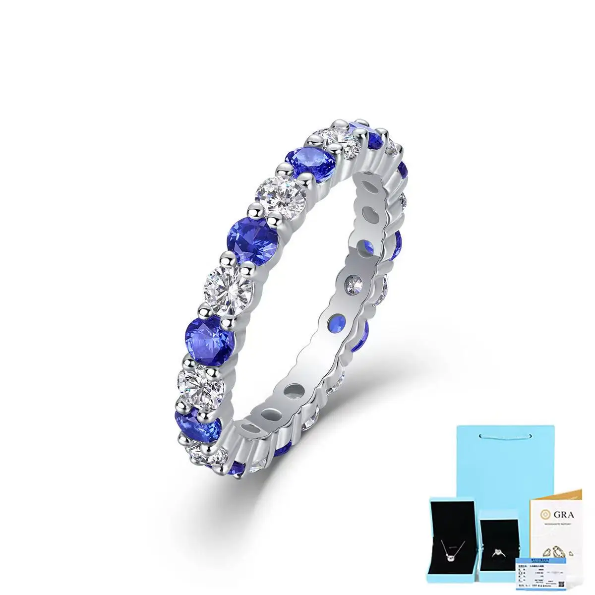 

D Color Moissanite ring with Blue Sapphires, 925 Sterling Silver 18K Gold Plated Moissanite Band Pass Diamond Test Pen