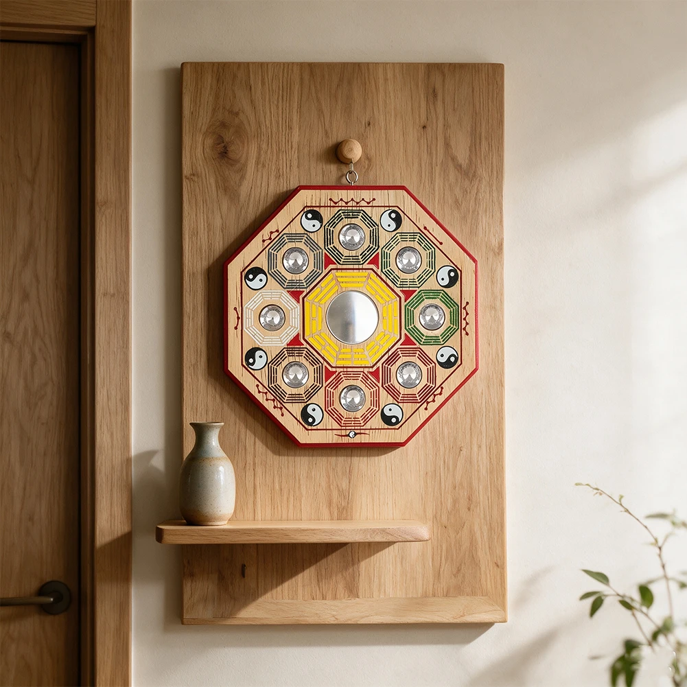 Achteckiger Holzspiegel Wanddekoration mit traditionellem Yin-Yang-Muster, Kristalleinlage, Heimdekoration, Kunsthandwerk, Anhänger, Geschenk – Detail 6