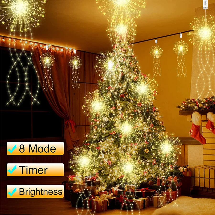 Remote 8 Modes LED Starburst Firework Light Battery Powered Waterproof Garland Fairy String Light for Garden Christmas Decor