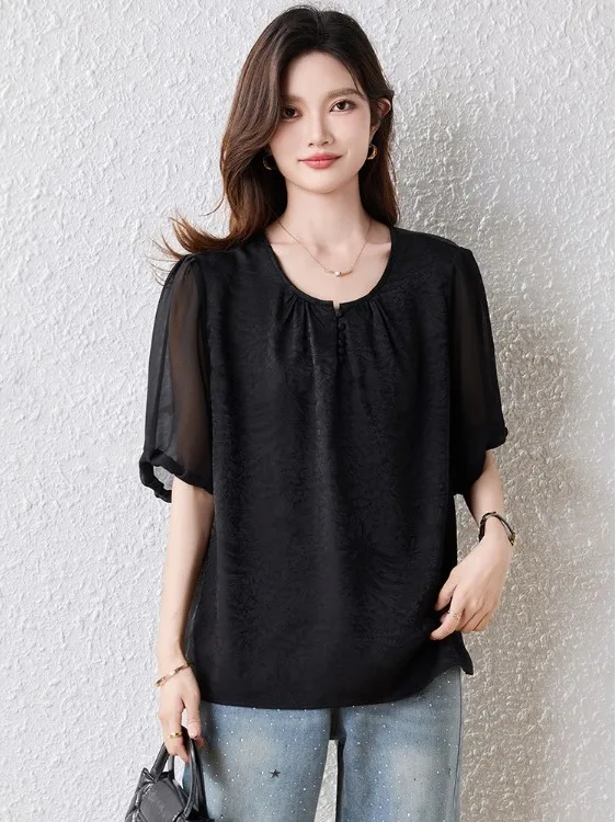 

Bla Floral Embroidery Chiffon Top Women's Summer New Loose plus Size Conceal Belly Slim ort Sve irt Vintage Sle