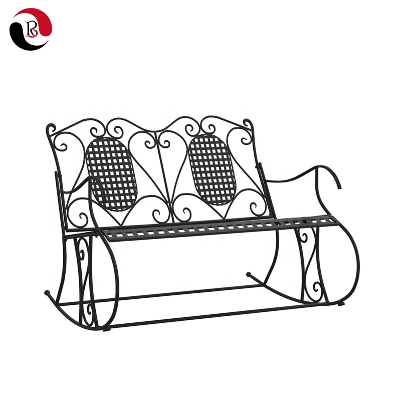 Black 2 Seats Metal Rocking Bench for Outdoor Garden Relaxing